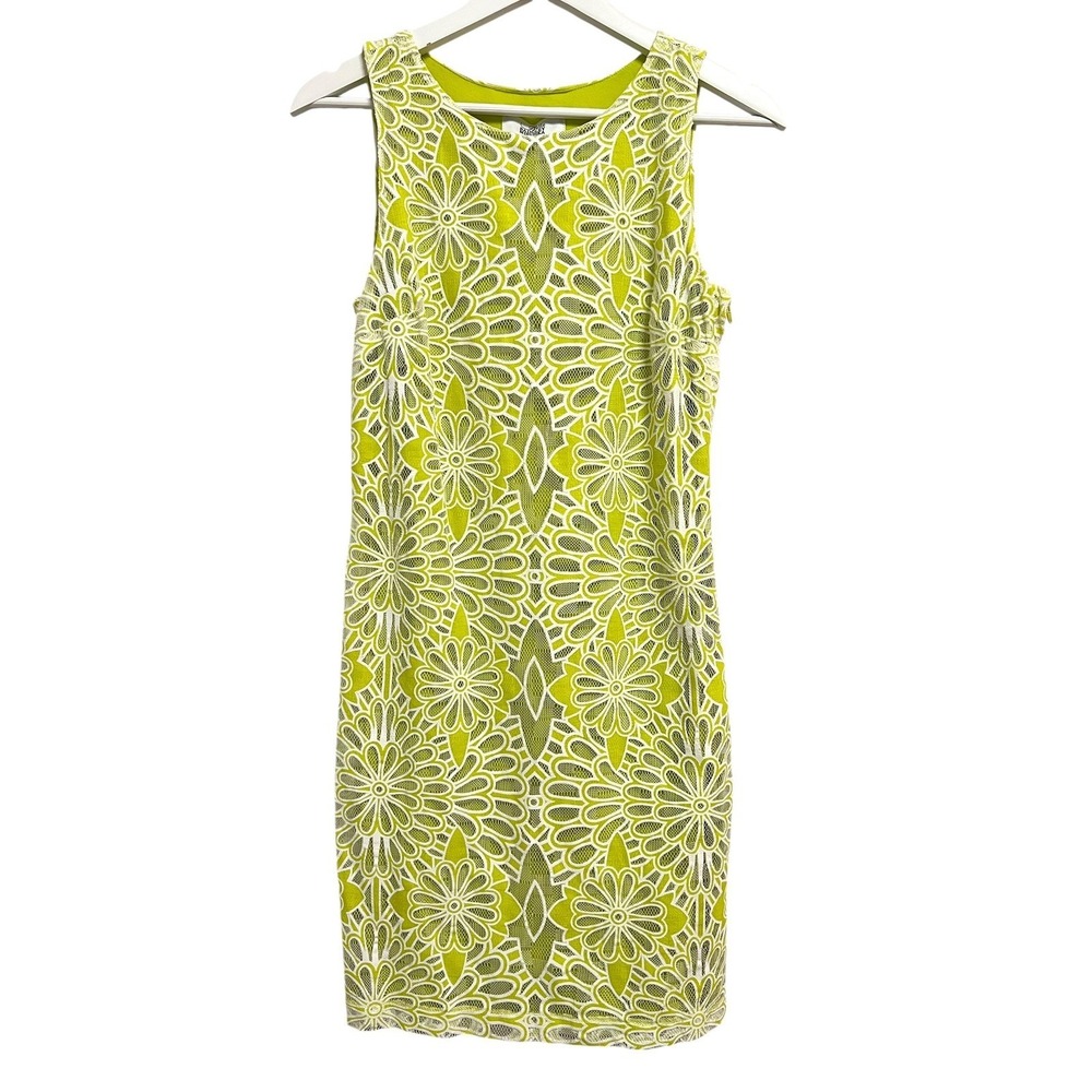Belle Badgley Mischka Dress Women 2 Lime Green White Floral Lace‎ Sheath Summer